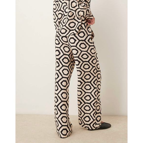 Sincerely Jules High Waist Wide Leg Pants Cream & Black Abstract Geometric Large - Picture 1 of 8